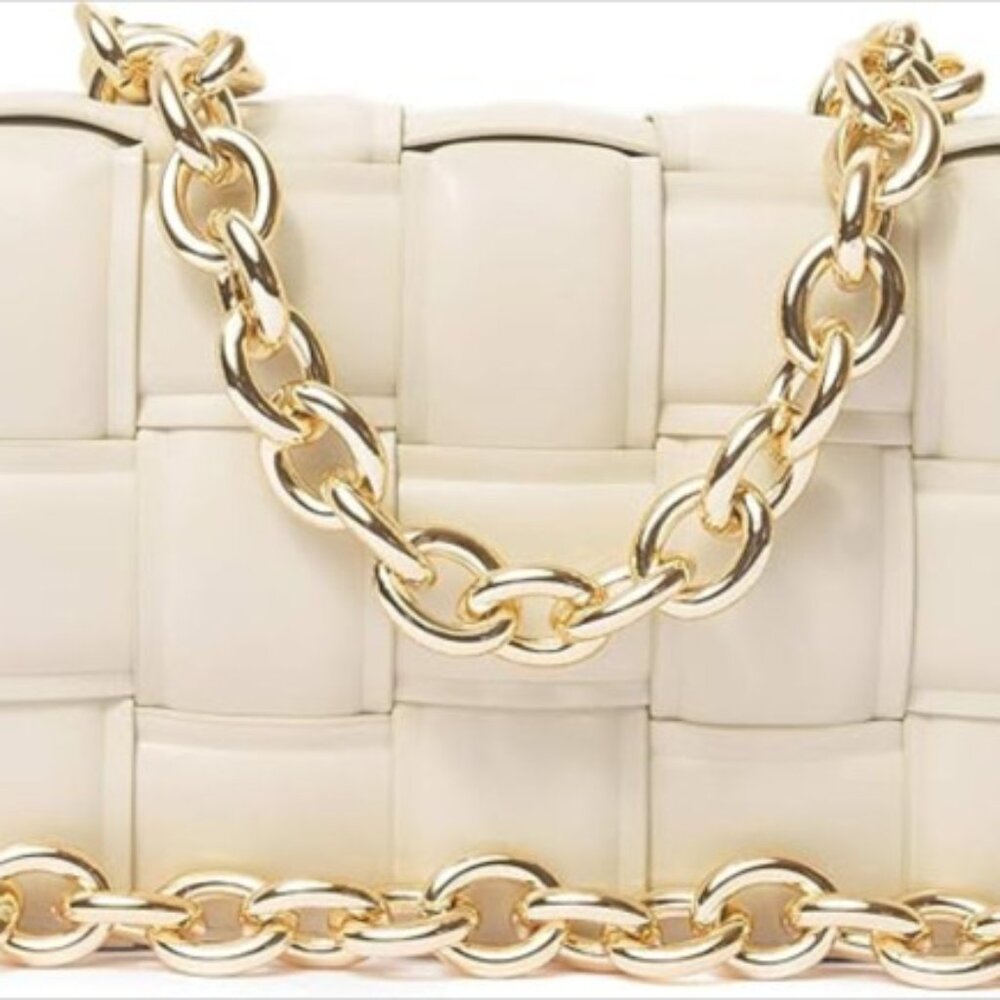 Women's Cream Woven Shoulder Bag with Gold Chain